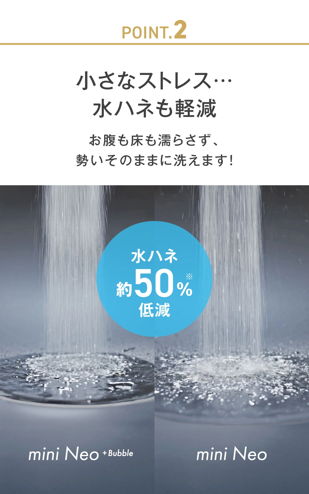 水ハネ約軽減50%で、お腹やシンク回り、床も濡らさずに洗い物ができる。