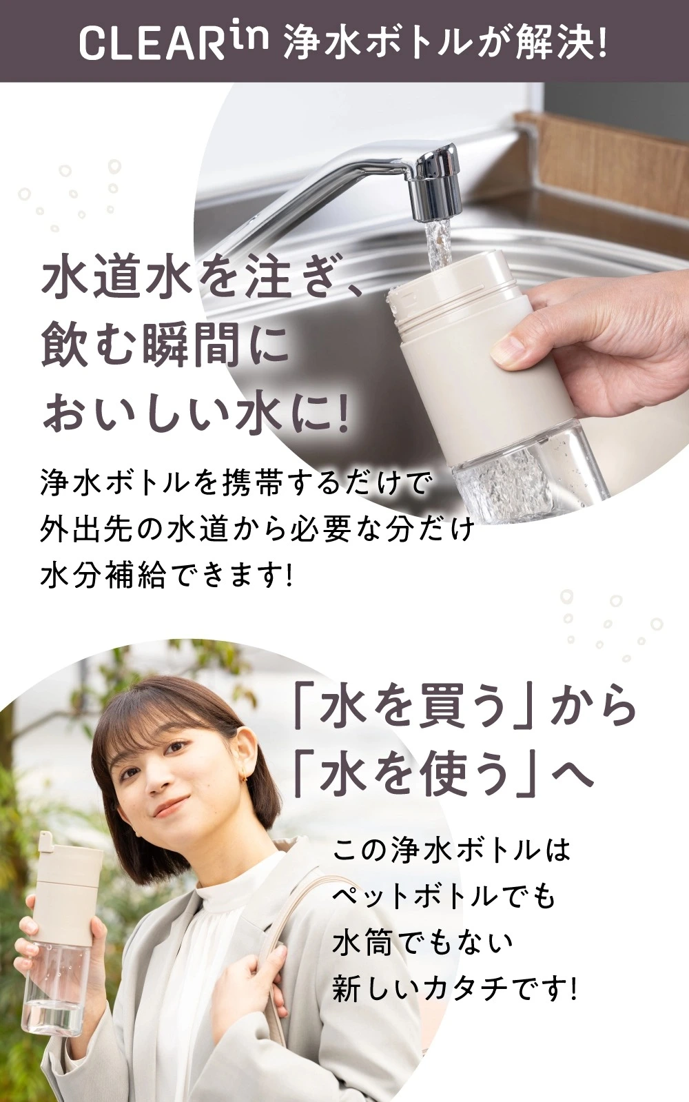 水道水を注ぐだけでおいしい水が飲めるCLEARin浄水ボトル