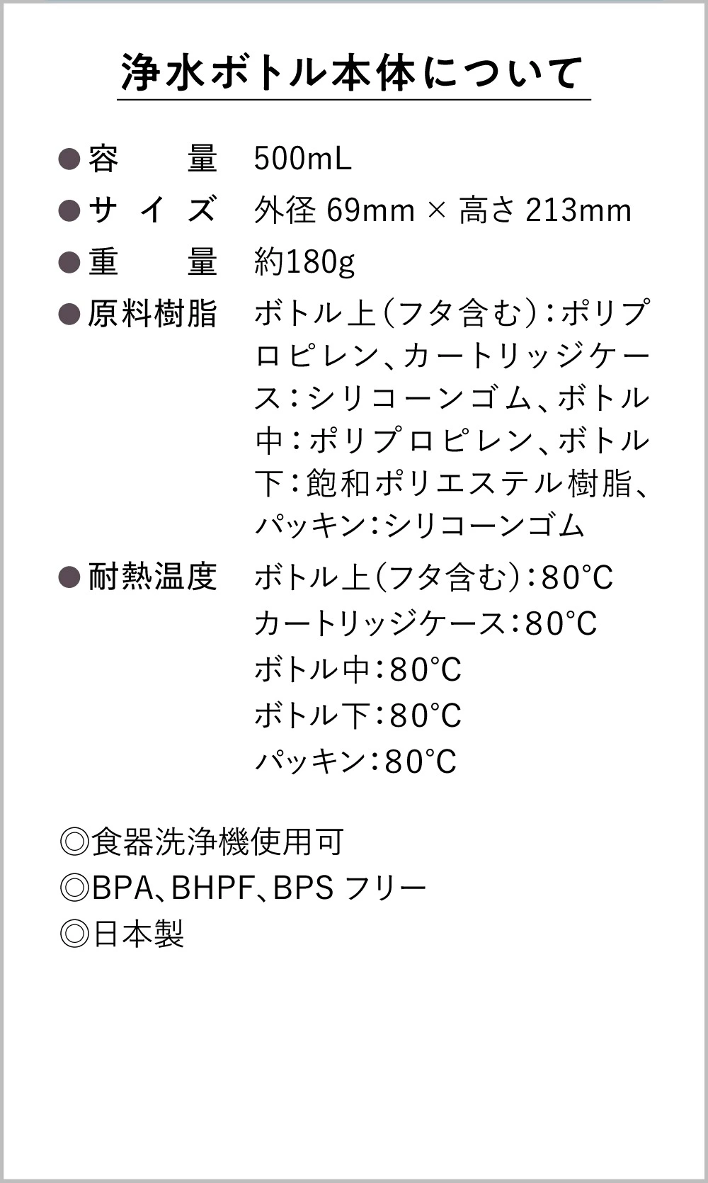 CLEARin浄水ボトル本体の仕様 容量500mL サイズ69mm×213mm 重量約180g 食洗機対応 日本製 BPAフリー