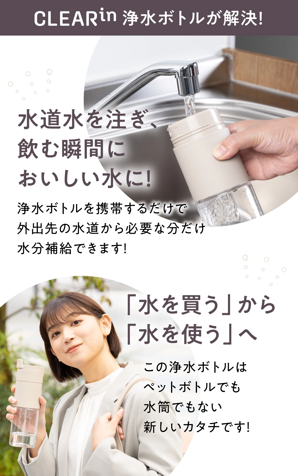 水道水を注ぐだけでおいしい水が飲めるCLEARin浄水ボトル