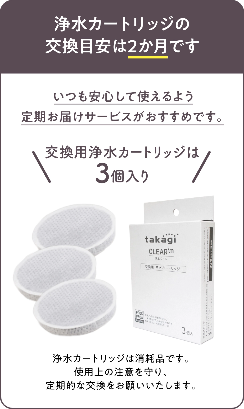 CLEARin浄水カートリッジ仕様 活性炭・イオン交換体使用 PFOS・PFOA対応 交換目安2か月 日本製