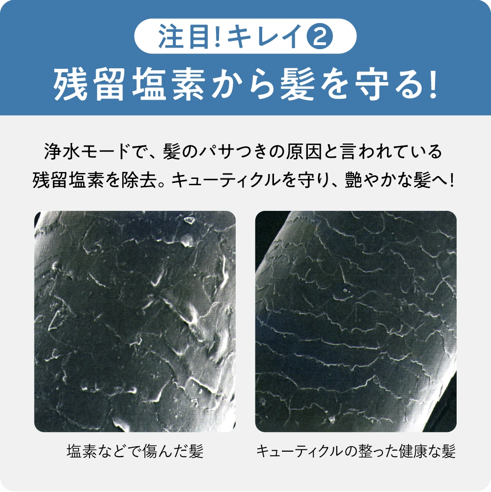浄水モードで残留塩素からキューティクルを守り、艶やかな髪へ！