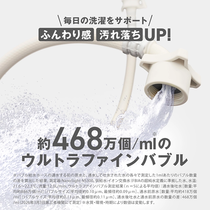 約468万個/mlのウルトラファインバブルで、毎日の洗濯をサポートし、汚れ落ちとタオルのふんわり感アップを目指す洗濯機給水ホース